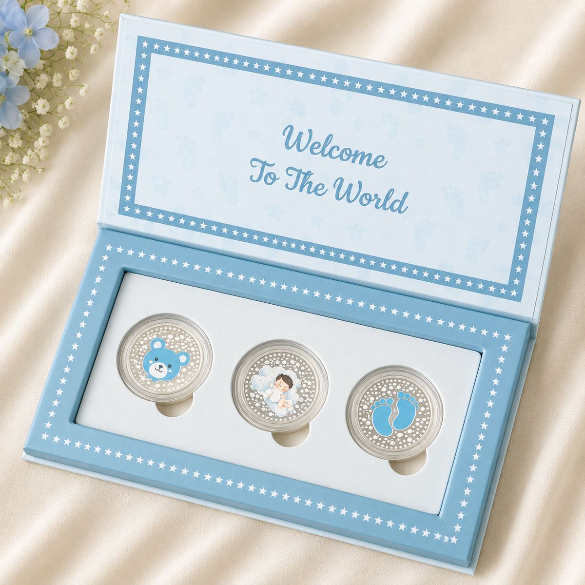 999 Pure Silver Baby Boy Welcome Gift Box (3 Coins x 1gm Each)