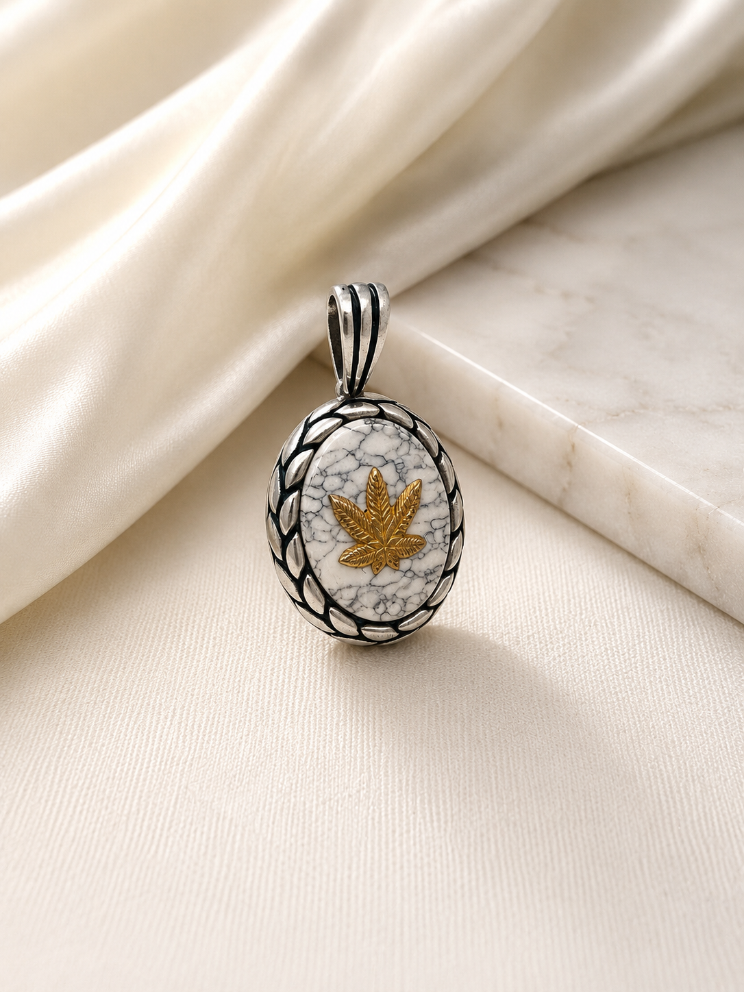 925 Sterling Silver White Howlite Leaf Men’s Pendant