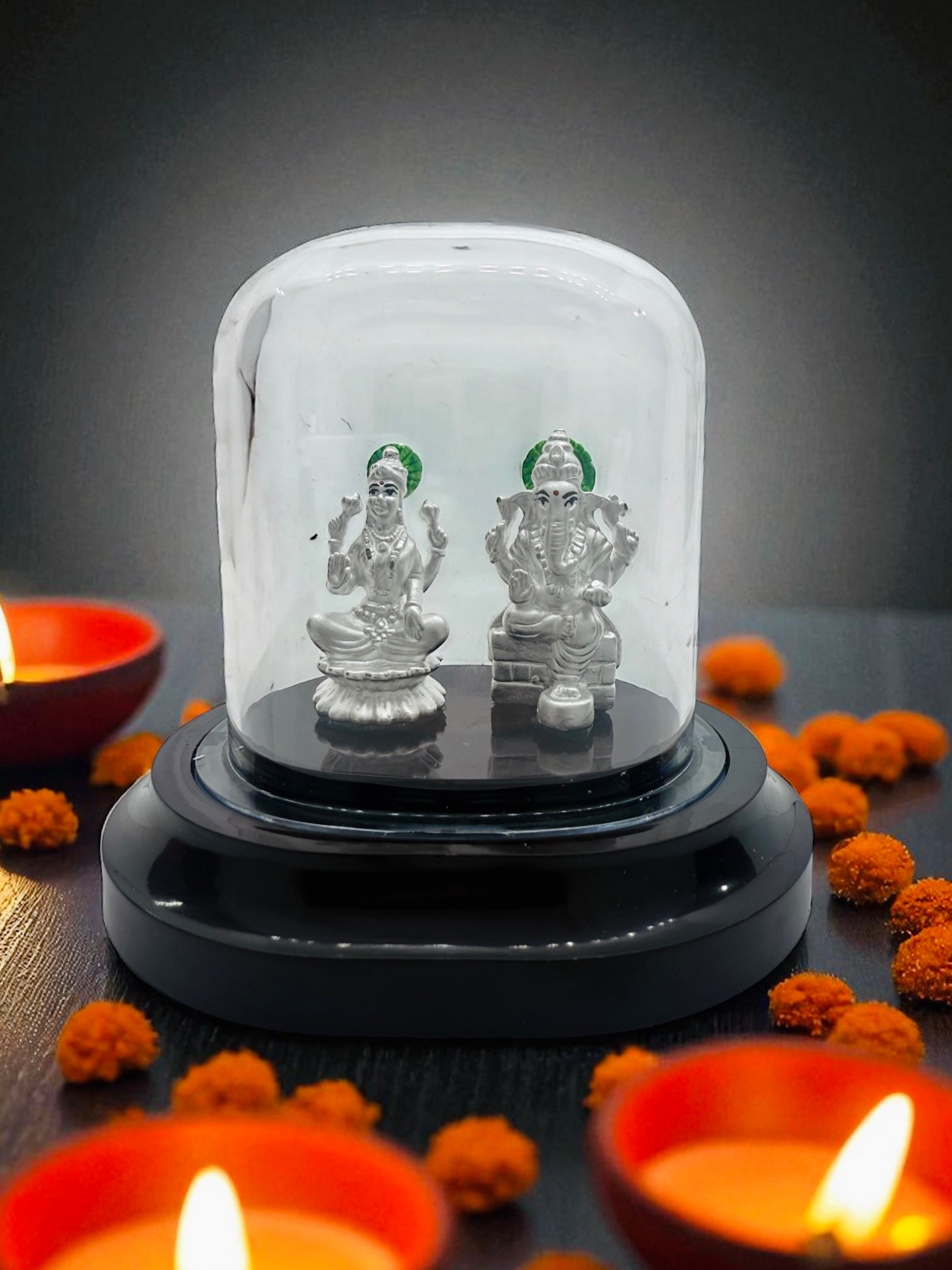 Emerald Pure 999 Silver Lakshmi Ganesh Pair Idols with Acrylic Base for Pooja/Gift