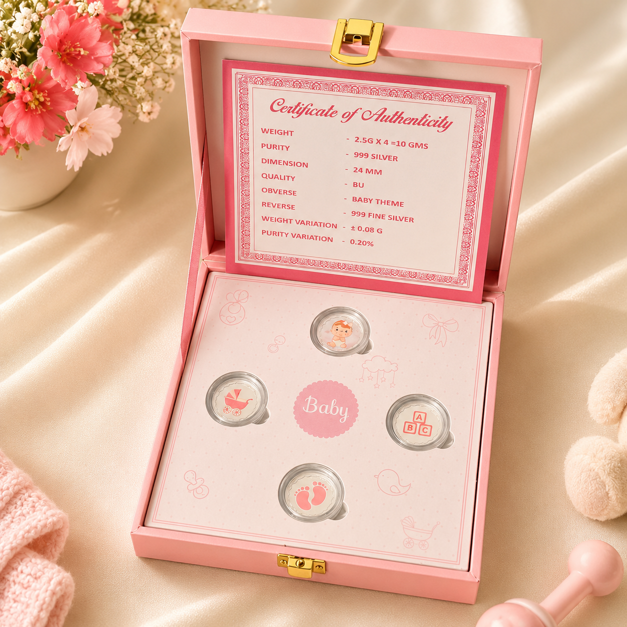 999 Pure Silver Welcome Baby Girl Celebration Coin Gift Box – Set of 4 Coins ( 2.5 g x 4 = 10 grams)