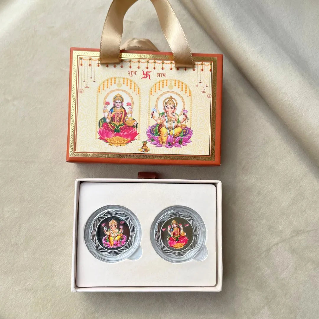 999 SILVER LAKSHMI GANESH JI 10 GMS CELEBRATION BOX | 2 COINS (5 GM EACH ) | 999 PURITY SILVER COIN | FESTIVE COIN GIFTING