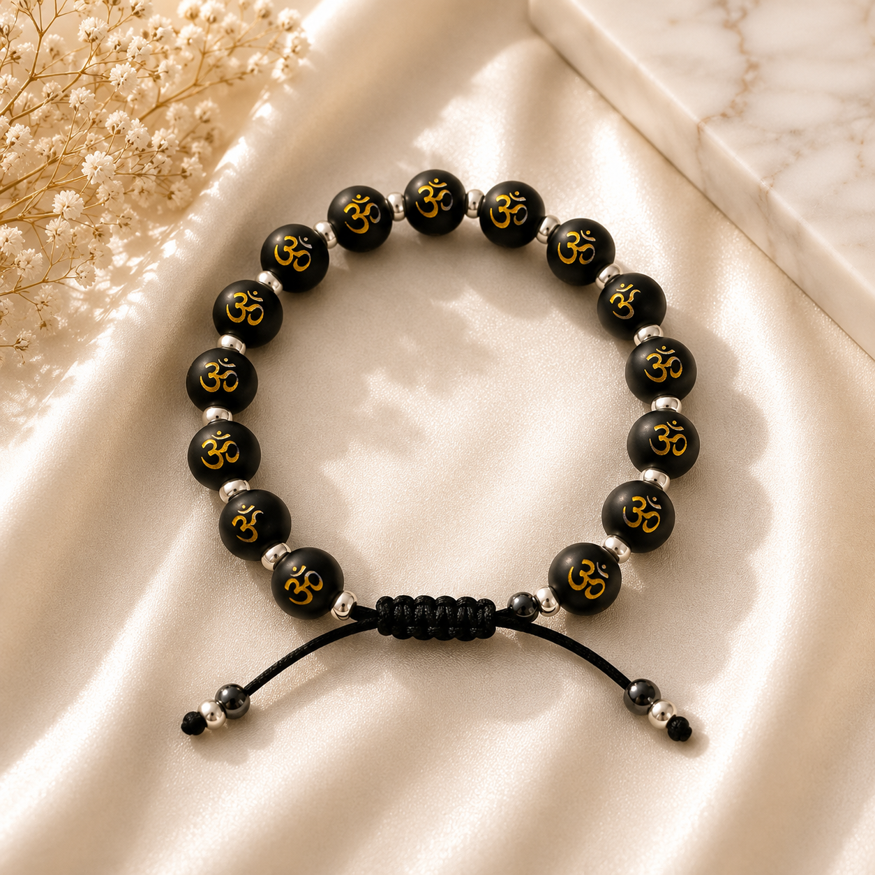 Black Beads Om Stretchable Bracelet – 925 Sterling Silver | Unisex