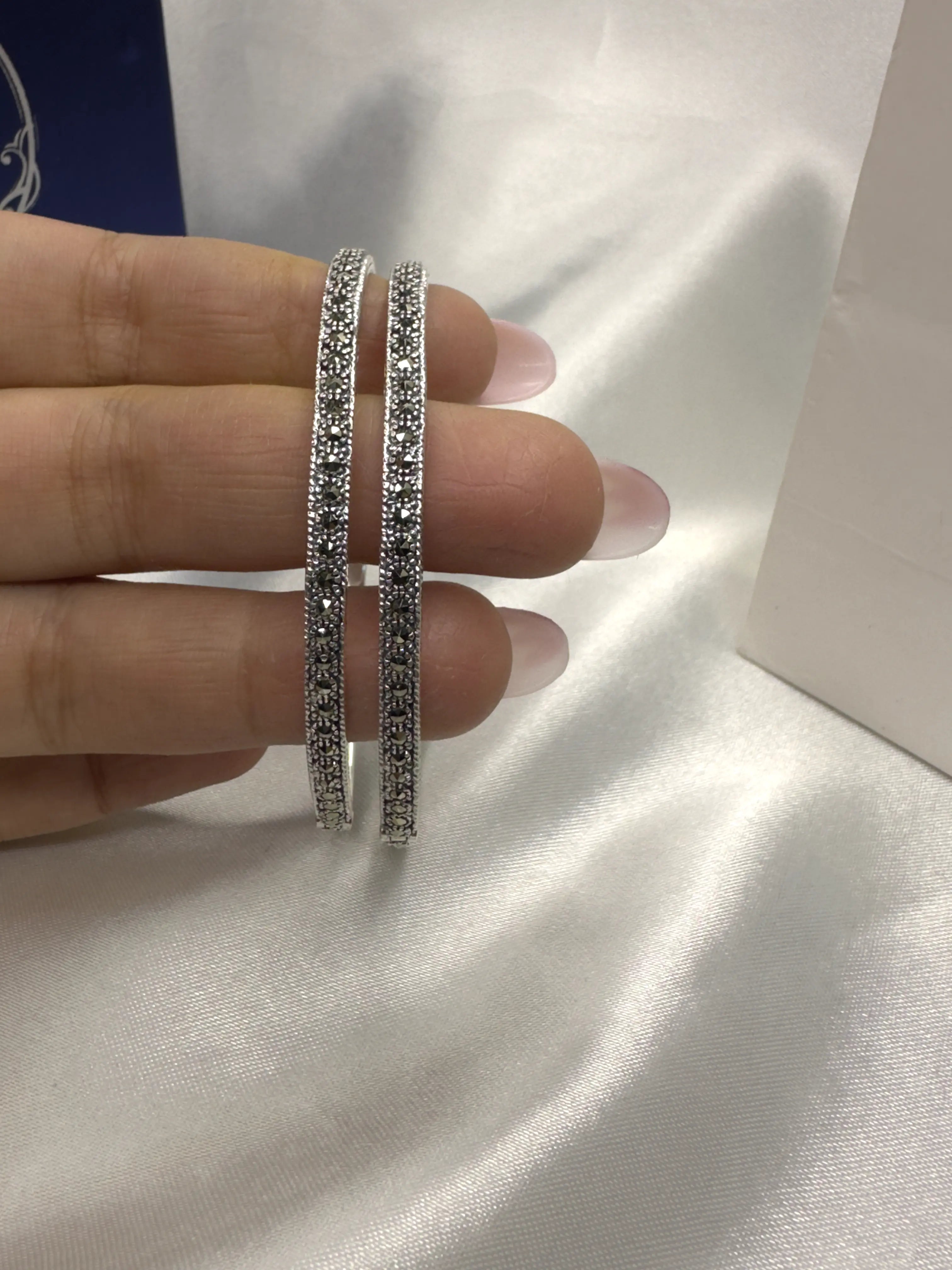 Set of 2 Silver Marcasite Bangles for Women | Vintage Jewellery | 925 Oxidised Silver Bracelets